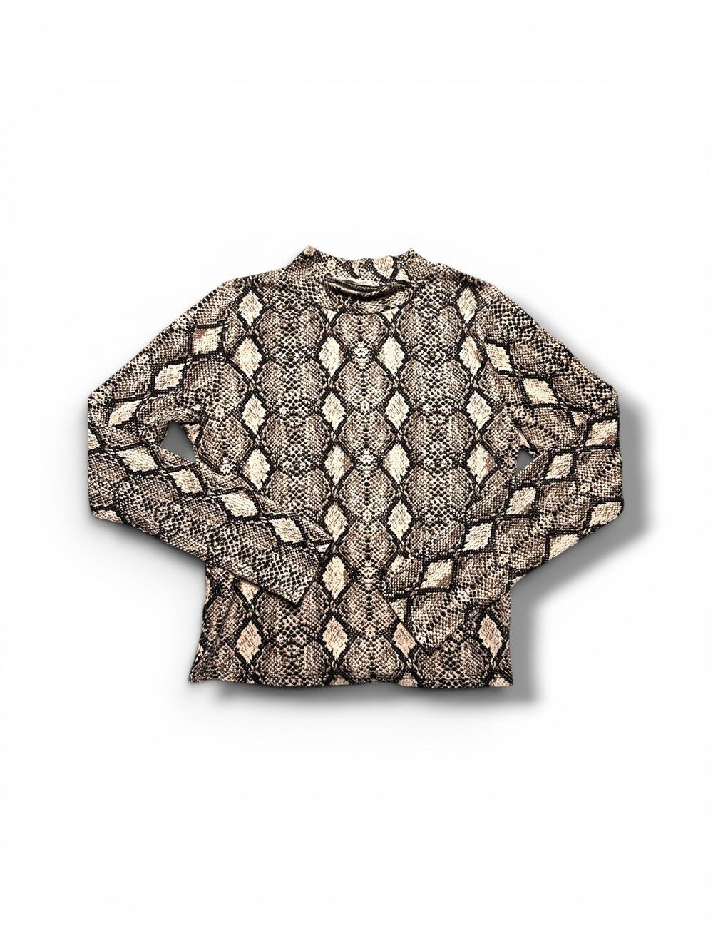 Caution to the Wind Neautral Snakeskin RIbbed Mocked-Neck Fitted Longsleeve S